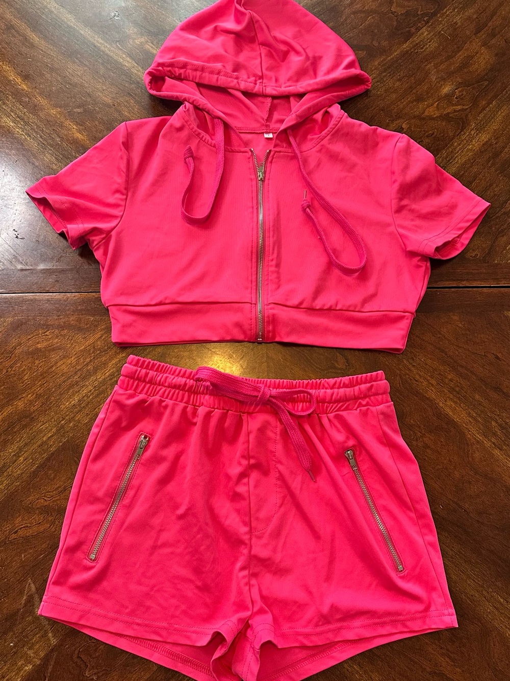 Amazon Girls Bright Pink Hooded Zip Crop Top & Drawstring Shorts Set